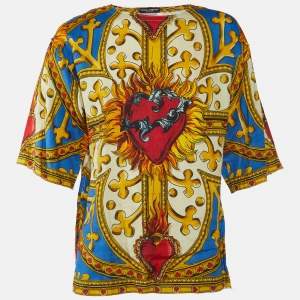 Pre Owned Dolce & Gabbana Multicolor Sacred Heart Print Linen & Cotton Oversized T-Shirt L