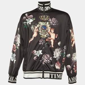Pre Owned Dolce & Gabbana Black Floral Angels Print Satin Bomber Jacket M
