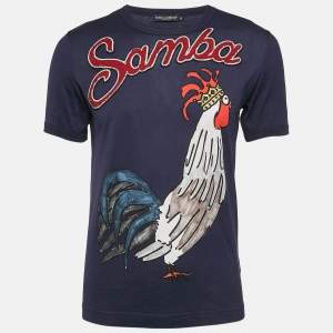 Pre Owned Dolce & Gabbana Navy Blue Rooster Print and Embellished Cotton T-Shirt M