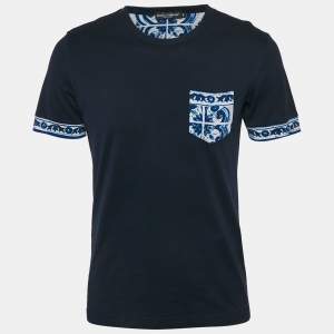 Pre Owned Dolce & Gabbana Navy Blue Cotton Contrast Print Detail T-Shirt M