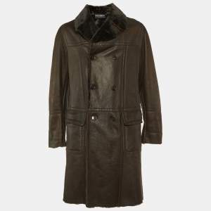 Dolce & Gabbana Brown Leather & Fur Lined Double Breasted Coat L
