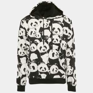 Pre Owned Dolce & Gabbana Black/White Pandas Print Cotton Knit Hooded Sweatshirt XXL