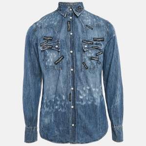 Pre Owned Dolce & Gabbana Blue Distressed Denim Button Front Shirt XL