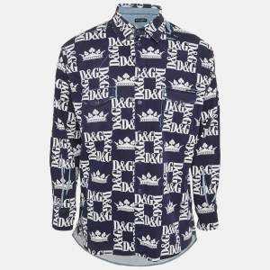 Pre Owned Dolce & Gabbana Navy Blue Logo Print Denim Button Front Shirt M