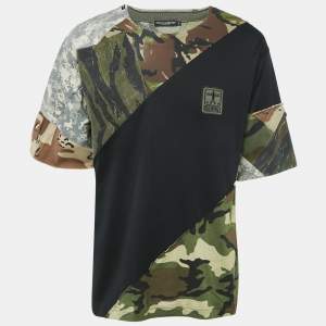 Dolce & Gabbana Black/Green Camouflage Denim and Jersey Patchwork T-Shirt M