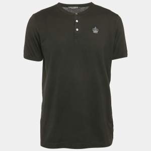Dolce & Gabbana Black Crown Embroidery Cotton Henley T-Shirt XL