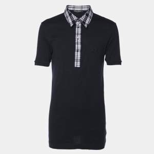 Pre Owned Dolce & Gabbana Navy Blue Cotton Plaid Trim Detail Polo T-Shirt XXL