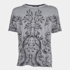 Pre Owned Dolce & Gabbana Grey Printed Viscose/Wool Crew Neck T-Shirt L
