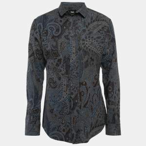 D&G Blue Paisley Print Cotton Ruffled Placket Shirt XXL