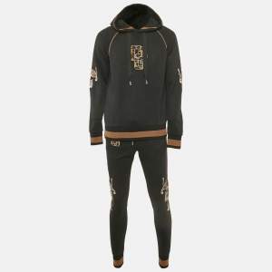 Dolce & Gabbana Black Leopard Embroidery Cotton Knit Hoodie and Pants Set S