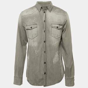 Dolce & Gabbana Grey Distressed Denim Gold Shirt XXL