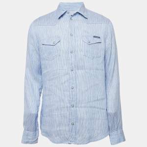 Pre Owned Dolce & Gabbana Blue Striped Linen Blend Slim Fit Shirt XL