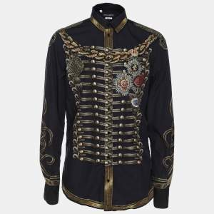 Dolce & Gabbana Navy Blue Printed Cotton Button Front Gold Shirt M