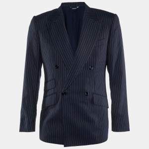 Dolce & Gabbana Navy Blue Striped Wool & Silk Blazer M