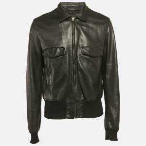 Dolce & Gabbana Black Rib Kit Trim Leather Zip-Up Jacket XL