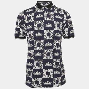 Dolce & Gabbana Navy Blue D&G Print Cotton Polo T-Shirt L