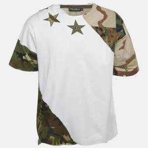 Dolce & Gabbana White Cotton Knit Camouflage Panelled T-Shirt M