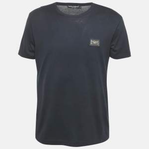 Dolce & Gabbana Navy Blue Cotton Logo Plaque Crew Neck T-Shirt L