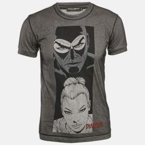 Dolce & Gabbana Grey Melange Diabolik Print Cotton Blend Crew Neck T-Shirt XS