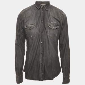 Pre Owned Dolce & Gabbana Black Distressed Denim Button Front Shirt L