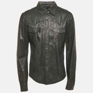 Dolce & Gabbana Green Real Leather Button Front Shirt XL