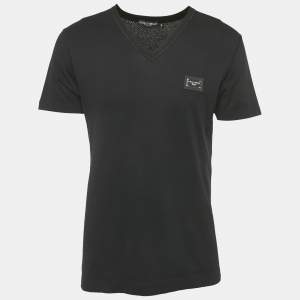 Pre Owned Dolce & Gabbana Black Cotton Logo Plaque Detail V-Neck T-Shirt M