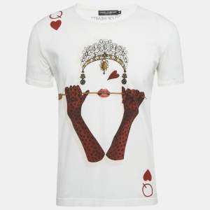 Pre Owned Dolce & Gabbana White Queen of Hearts Print Cotton Crew Neck T-Shirt L