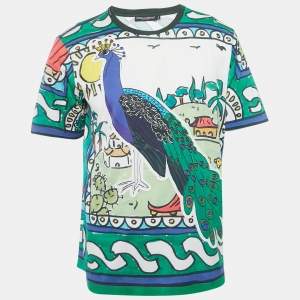 Pre Owned Dolce & Gabbana White Peacock Print Cotton T-Shirt L 