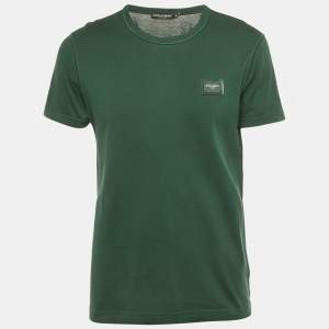 مملوكة مسبقًا Dolce & Gabbana Green Logo Plaque Detail Cotton Crew Neck T-Shirt M
