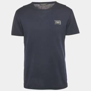 Pre Owned Dolce & Gabbana Navy Blue Logo Plaque Detail Cotton Crew Neck T-Shirt M