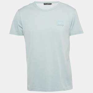 Pre Owned Dolce & Gabbana Light Blue Logo Plaque Detail Cotton Crew Neck T-Shirt M
