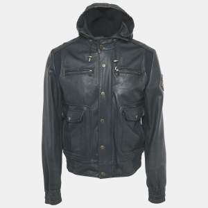 Pre Owned Dolce & Gabbana Navy Blue Applique Detail Leather Hooded Jacket L