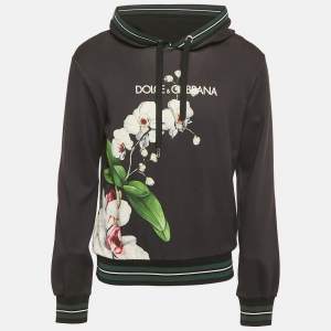 Pre Owned Dolce & Gabbana Black Orchid Logo Print Cotton Hooded Sweatshirt XS