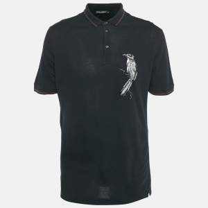 مملوكة مسبقًا Dolce & Gabbana Black Bird Applique Cotton Pique Polo T-Shirt XL