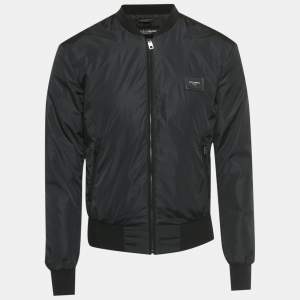 Pre Owned Dolce & Gabbana Black Nylon Logo Plaque Bomber Jacket XS
