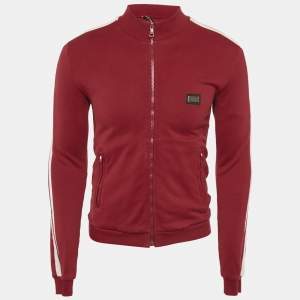 Pre Owned Dolce & Gabbana Red Cotton Logo Applique Zip -Up Jacket XS 