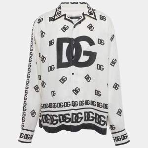 Pre Owned Dolce & Gabbana Off White Logo Print Linen Long Sleeve Shirt XS 