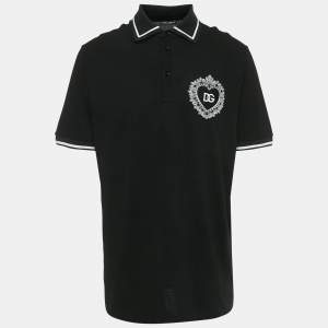 Pre Owned Dolce & Gabbana Black Heart Applique Pique Polo T-Shirt XXL
