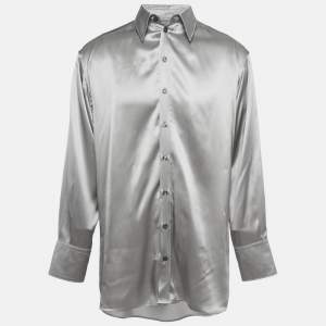 مملوكة مسبقًا Dolce & Gabbana Metallic Grey Satin Silk Button Front Long Shirt M