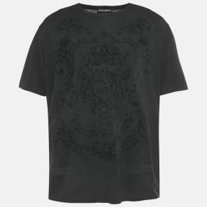 Pre Owned Dolce & Gabbana Black Flocked Jersey Crew-Neck T-Shirt 5XL