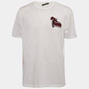 مملوكة مسبقًا تي شيرت دولتشي أند غابانا قطن أبيض بأبليك تفصيلي مقاس 4 كبير جدًا جدًا - فور إكس لارج