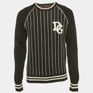 مملوكة مسبقًا Dolce & Gabbana Black and White Striped Wool Knit The King Patch Detail Sweater M