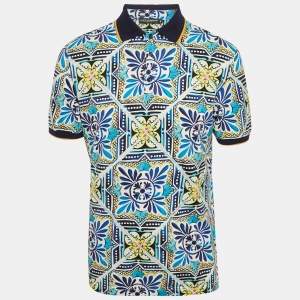 مملوكة مسبقًا Dolce & Gabbana Blue Majolica Print Pique Polo T-Shirt M