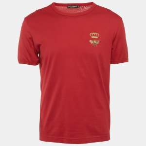 Pre Owned تي شيرت دولتشي آند غابانا أحمر جيرسي مطرز بنحلة مقاس متوسط (ميديم)