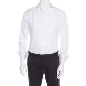 Pre Owned Dolce & Gabbana Gold Optic White Cotton Textured Bib Detail Tuxedo Shirt M