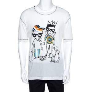 مملوكة مسبقًا Dolce & Gabbana White Designers & Pets Print Cotton Silk T-Shirt XS