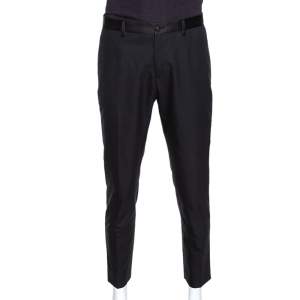 Pre Owned Dolce & Gabbana Black Cotton Silk Grosgrain Trim Tailored Trousers L