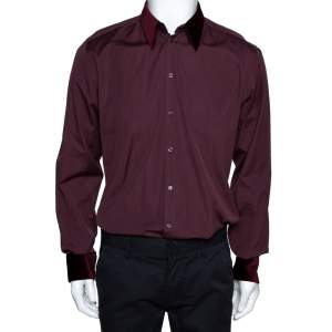 Pre Owned Dolce & Gabbana Burgundy Cotton Velvet Collar Martini Shirt L