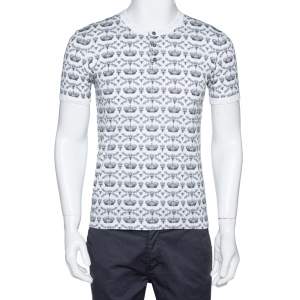 Pre Owned تي شيرت دولتشي أند غابانا رقبة مستديرة و أزرار مطبوع تاج و نحلة قطن مونوكرومي مقاس صغير (سمول)