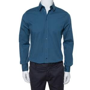 مملوكة مسبقًا قميص دولتشي أند غابانا أزرار أمامية قطن سترتش أزرق مخضر ذهبي متوسط